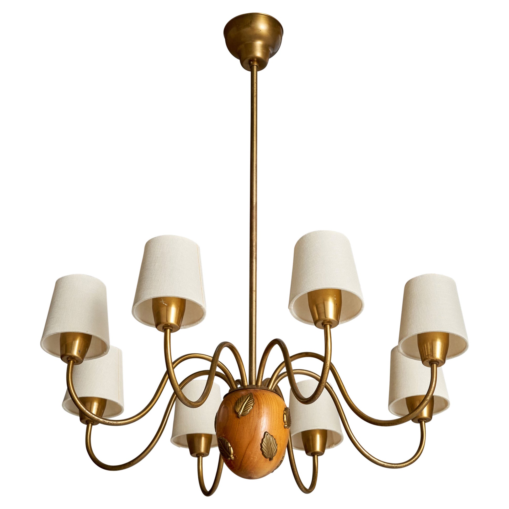 Hans Bergström, Chandelier, Brass, Oak, Fabric, Sweden, 1940s For Sale