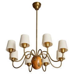 Hans Bergström, Chandelier, Brass, Oak, Fabric, Sweden, 1940s