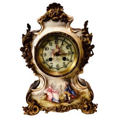 Antique French Cobalt Porcelain Clock with Hand-painted Scene of Lovers and Cherubs