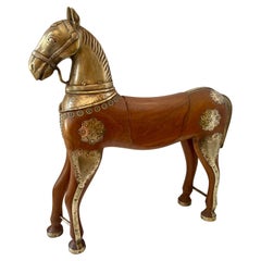 Antique Anglo Indian Wood Horse with Brass Head & Brass Accents