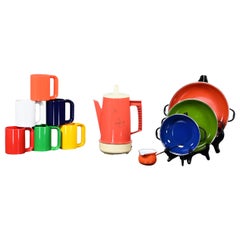 MCM Enameled Cookware Orange Regal Poly Perk Coffee Pot & 6 Plastic Mugs, a Set
