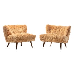 Grands fauteuils de salon modernes du milieu du siècle dernier en alpaga péruvienne caramel