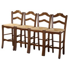 Vintage Country French Carved Walnut Ladder Back Counter Stools, Set of 4
