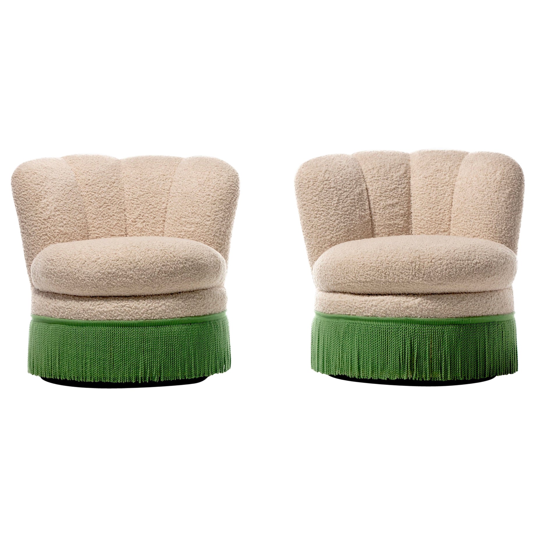 Pair of Dorothy Draper Style Hollywood Regency Scalloped Fringe Swivel Chairs