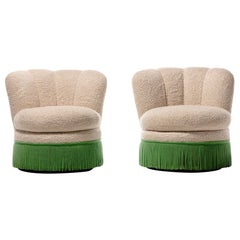 Pair of Dorothy Draper Style Hollywood Regency Scalloped Fringe Swivel Chairs