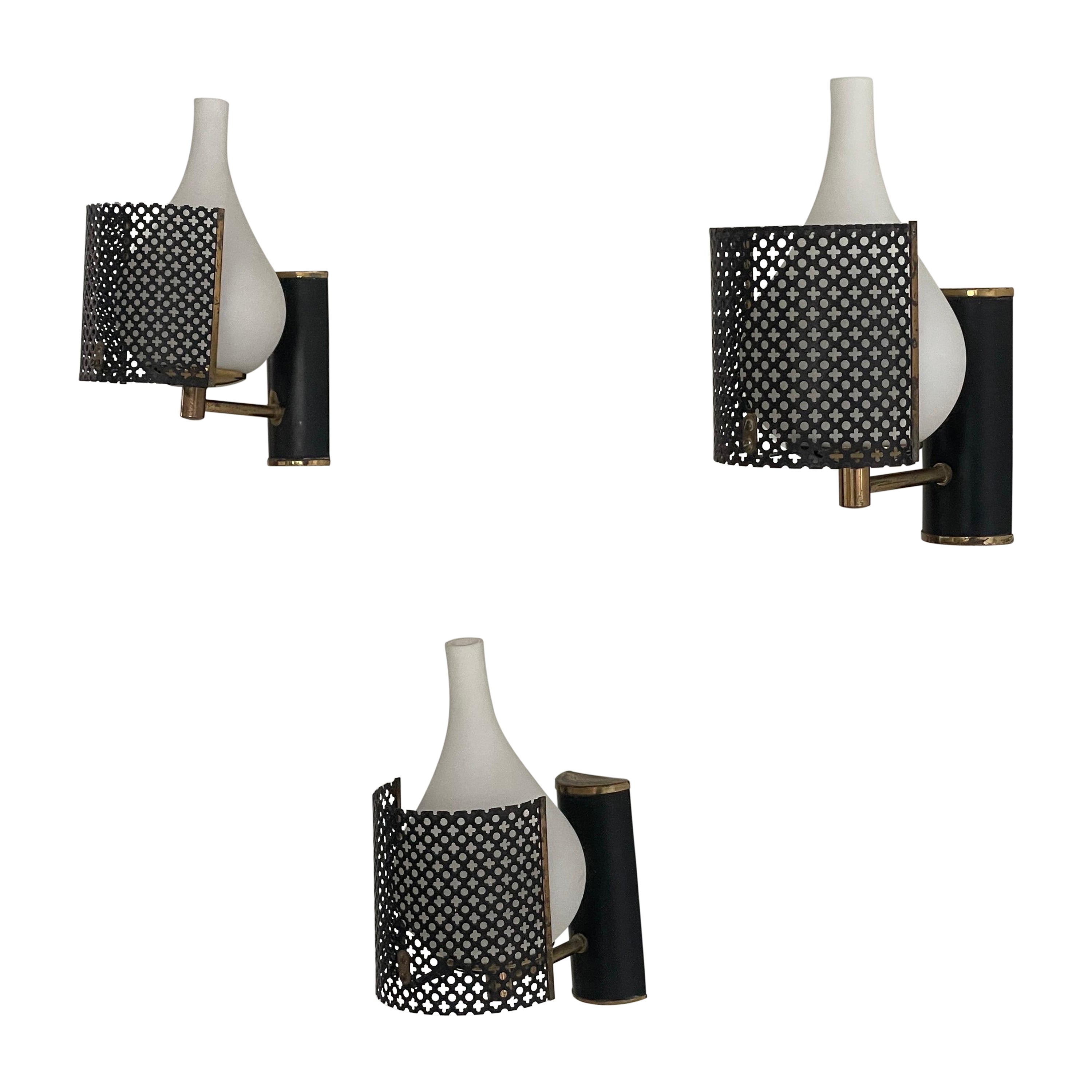 Exclusive Design Glass and Black Metal Sconces, Set of 3, 1950s, Italy
