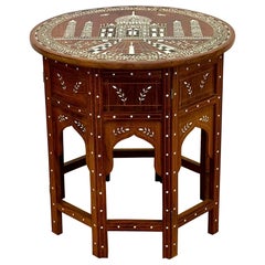 1950s Anglo-Indian Bone Inlaid Taj Mahal Round Side Folding Tea Table