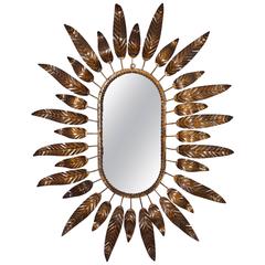 Large Mid-Century Modernist Gilt Iron Oval Sunburst Mirror Framed with Leaves 5