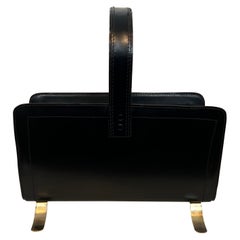 Black Leather and Gilt metal Magazine Rack in the Style of Jacques Adnet