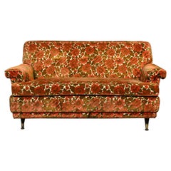 Mid Century Modern Lawson Style Loveseat Textured Orange & Green Floral Fabric