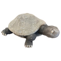 Vintage French Carved Ceramic Two-Tone Crackled Turtle Sculpture Raku Method