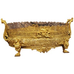 Jardinière de centre de table française très détaillée en bronze doré et verre, vers 1885