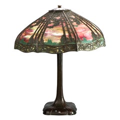 Large Antique Handel Bronze Overlay Slag Glass Sunset Landscape Table Lamp C1920