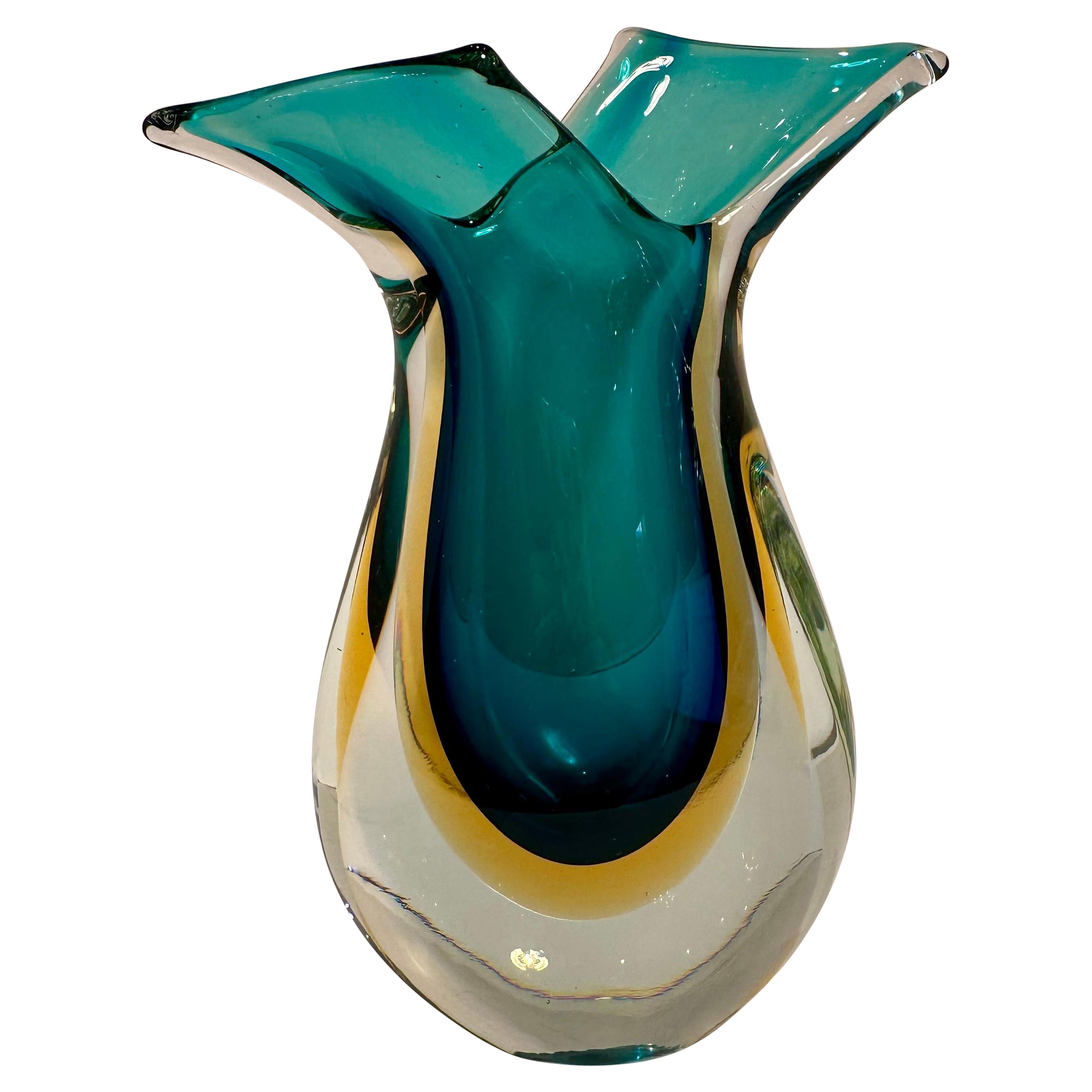 Mid Century Murano Art Glass Curving Aqua and Golden Yellow Vetro Sommerso Vase For Sale