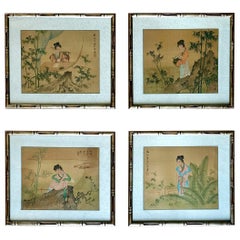 Set di 4 dipinti asiatici giapponesi in seta acquerellati con cornice