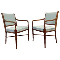 Used Pair Faux Bamboo Tapered Horn Shape Legs Arm Fireside Chairs Solid Walnut Frames