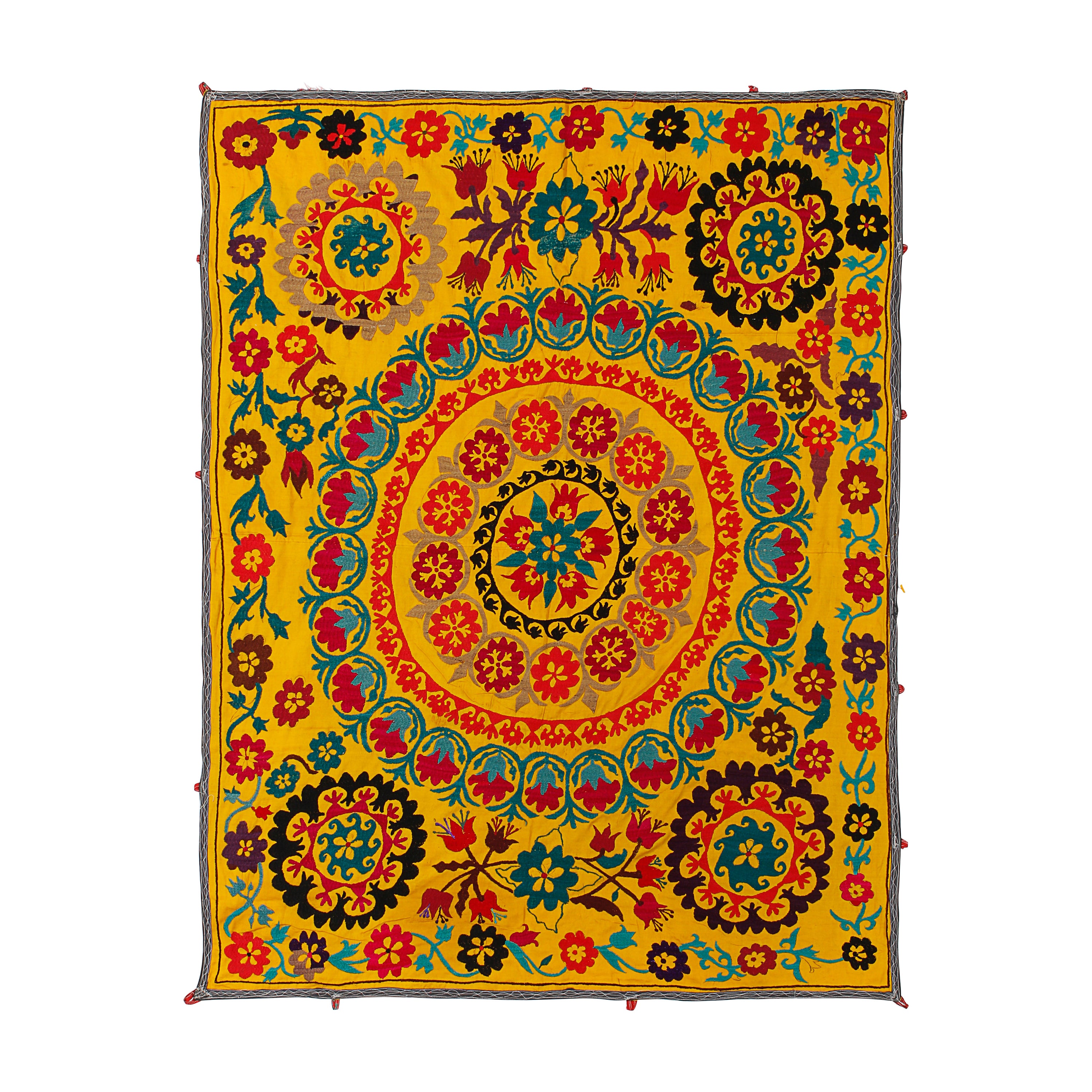 4.5x6 FT Handmade Silk Embroidery Vintage Wall Hanging. Yellow Suzani Bedspread