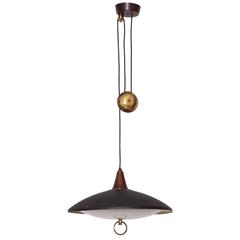 French 1950s Counterweight Pendant Lamp in Metal and Wood