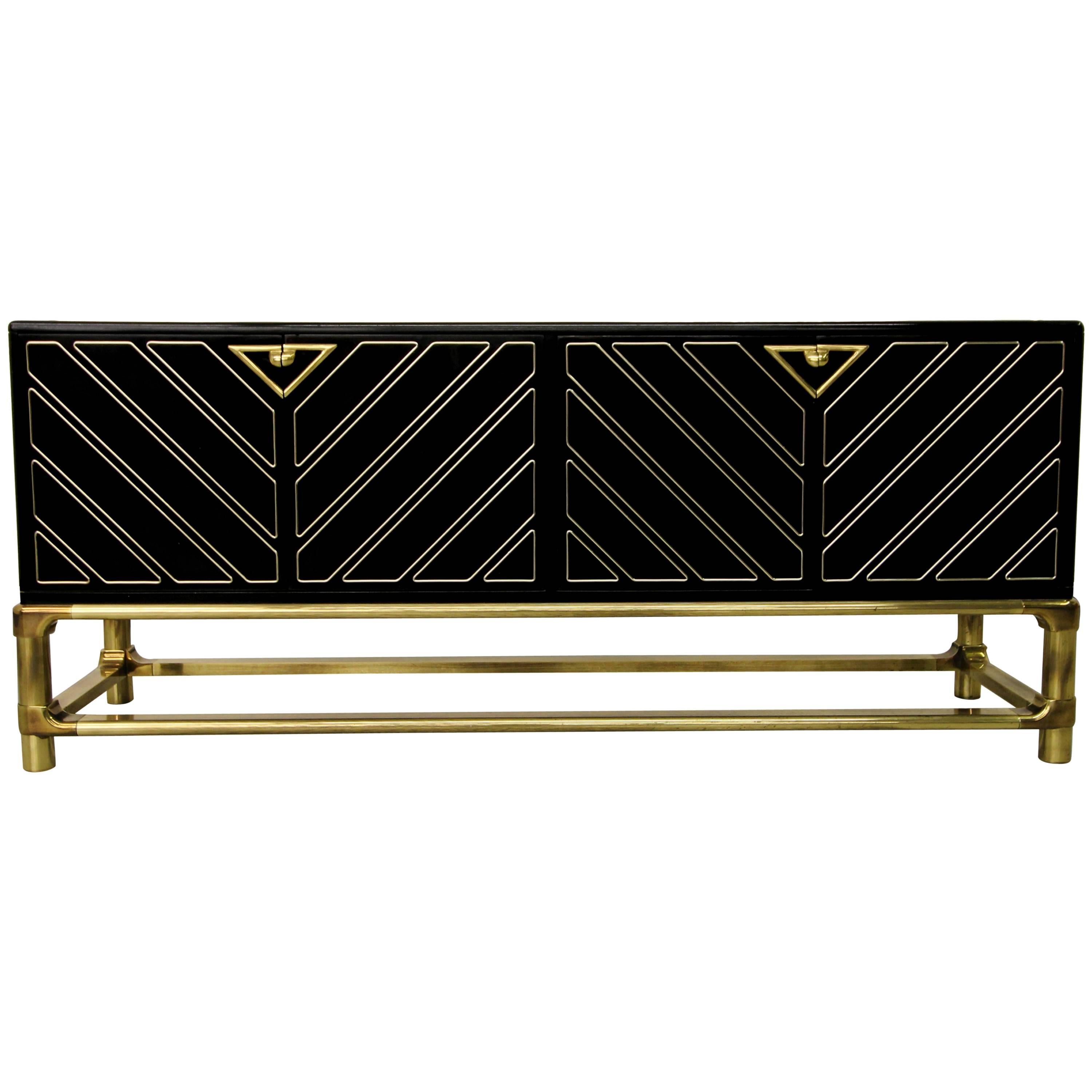 Mid-Century Mastercraft Black Lacquer and Brass Credenza Buffet