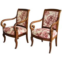 19th Century Matched Pair of French Restauration Mahogany Fauteuils