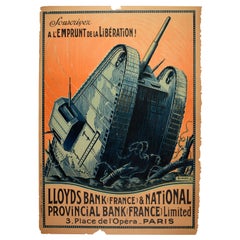 Original Antique War Poster Lloyds Bank France Liberation Loan WWI Tank Emprunt