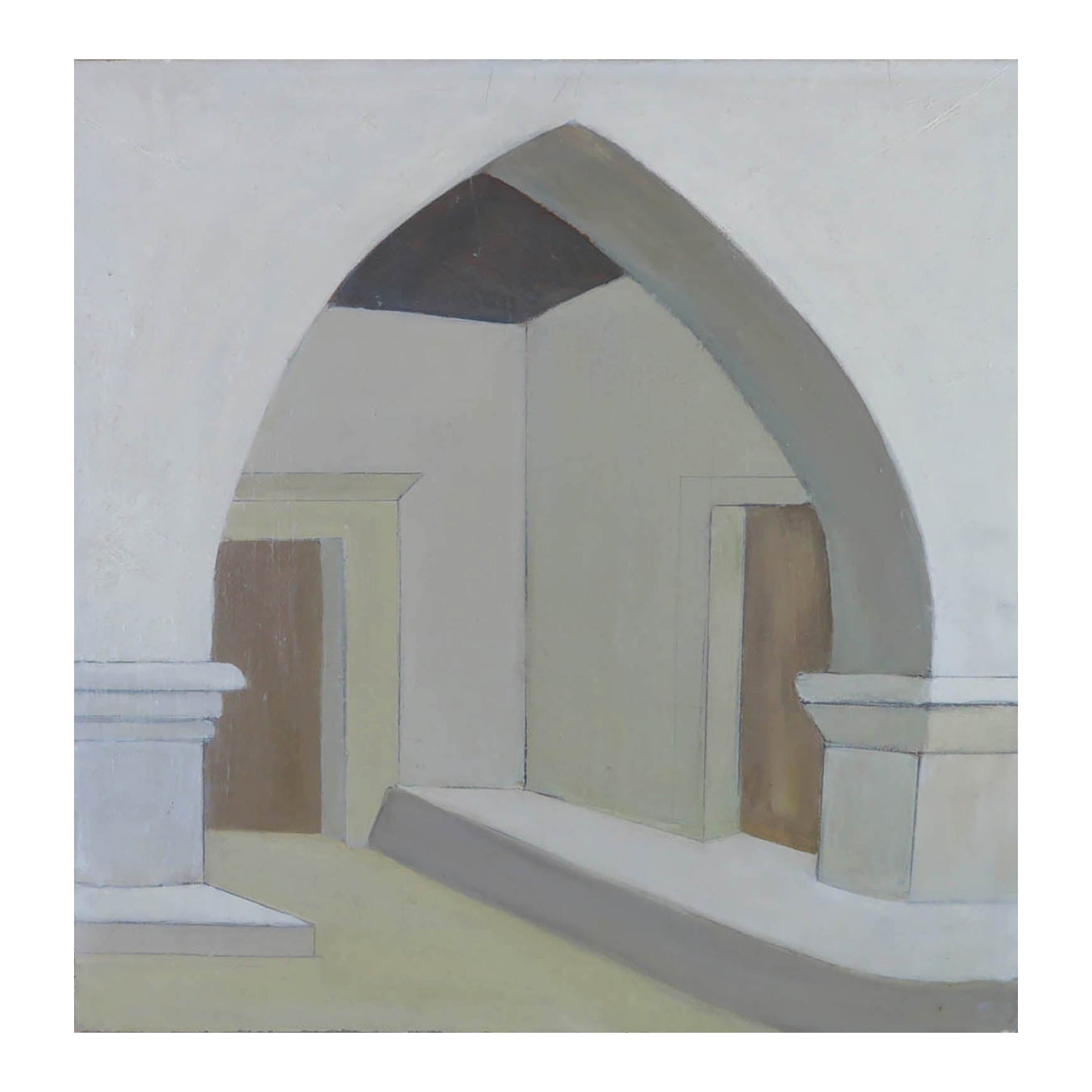 Mid-Century Oil Painting of A Gothic Interior By Priscilla Dimsdale