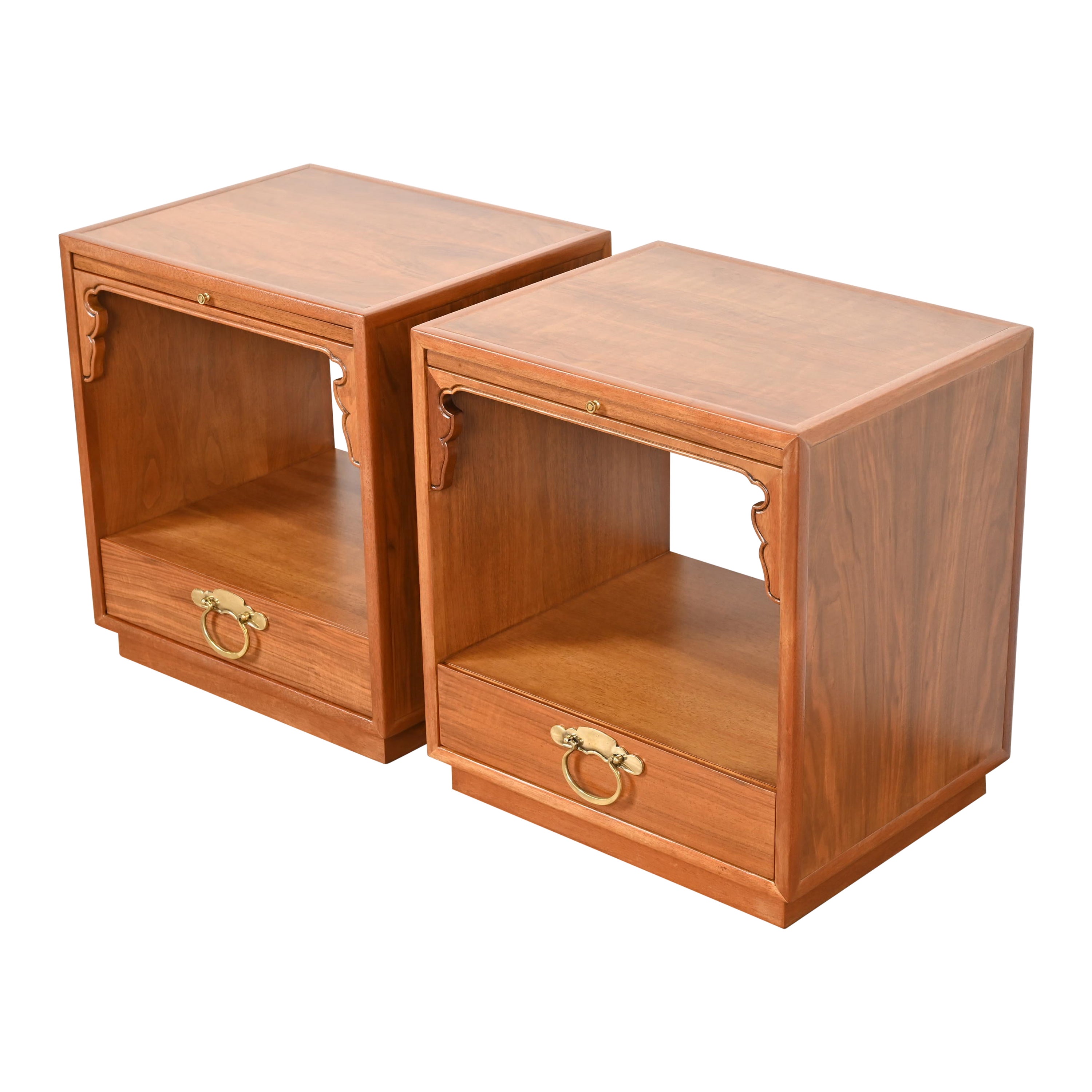 John Widdicomb Chinoiserie-Nachttische aus gemasertem Nussbaumholz, Mid-Century, neu lackiert