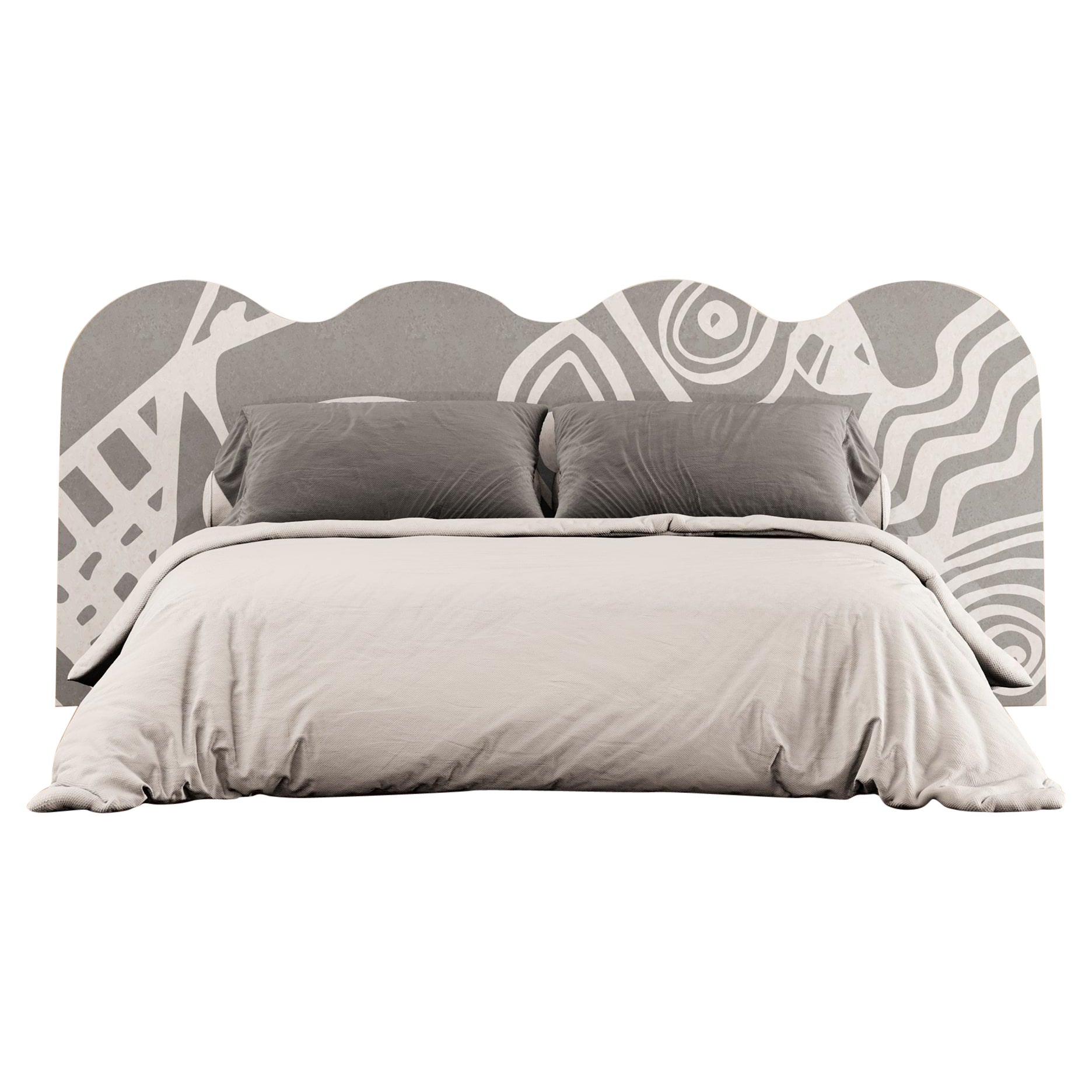 Portuguese Mid-Century Modern Wave Shaped Headboard grey & White Pattern Wood for King Bed For Sale