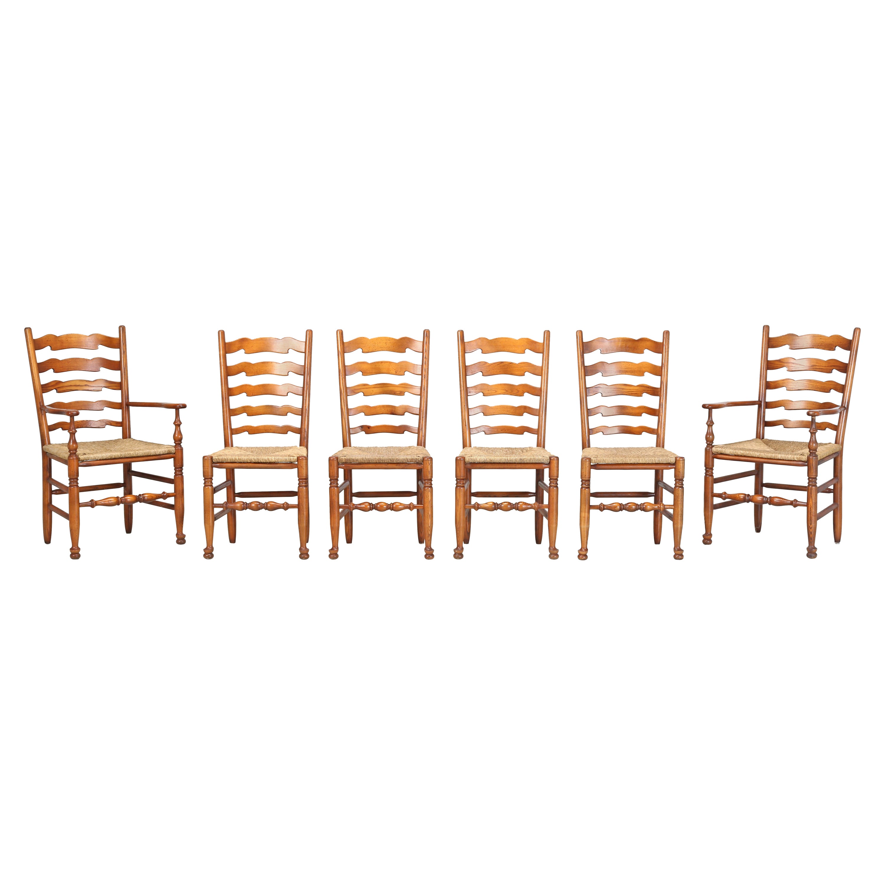Set of (6) Vintage Dining Chairs Imported from England White Oak and Rush Seats