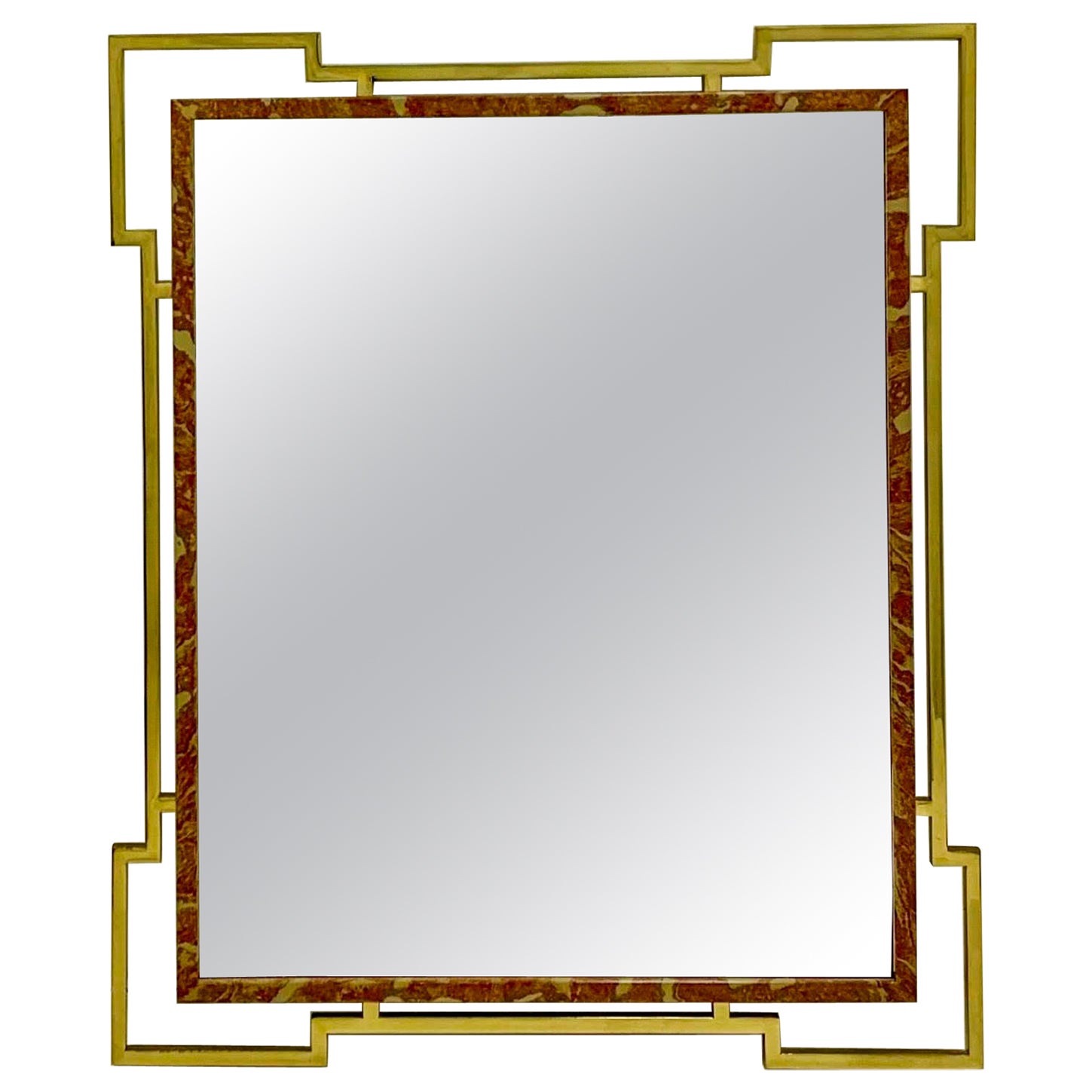 1970s Modern Brass And Faux Marble Wall Mirror