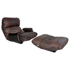 1970s Leather Ligne Roset Marsala Lounge Chair & Ottoman Michel Ducaroy French