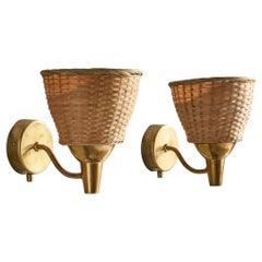 Mauri Almari Wall Lights, Messing, Rattan, Finnland, 1950er Jahre