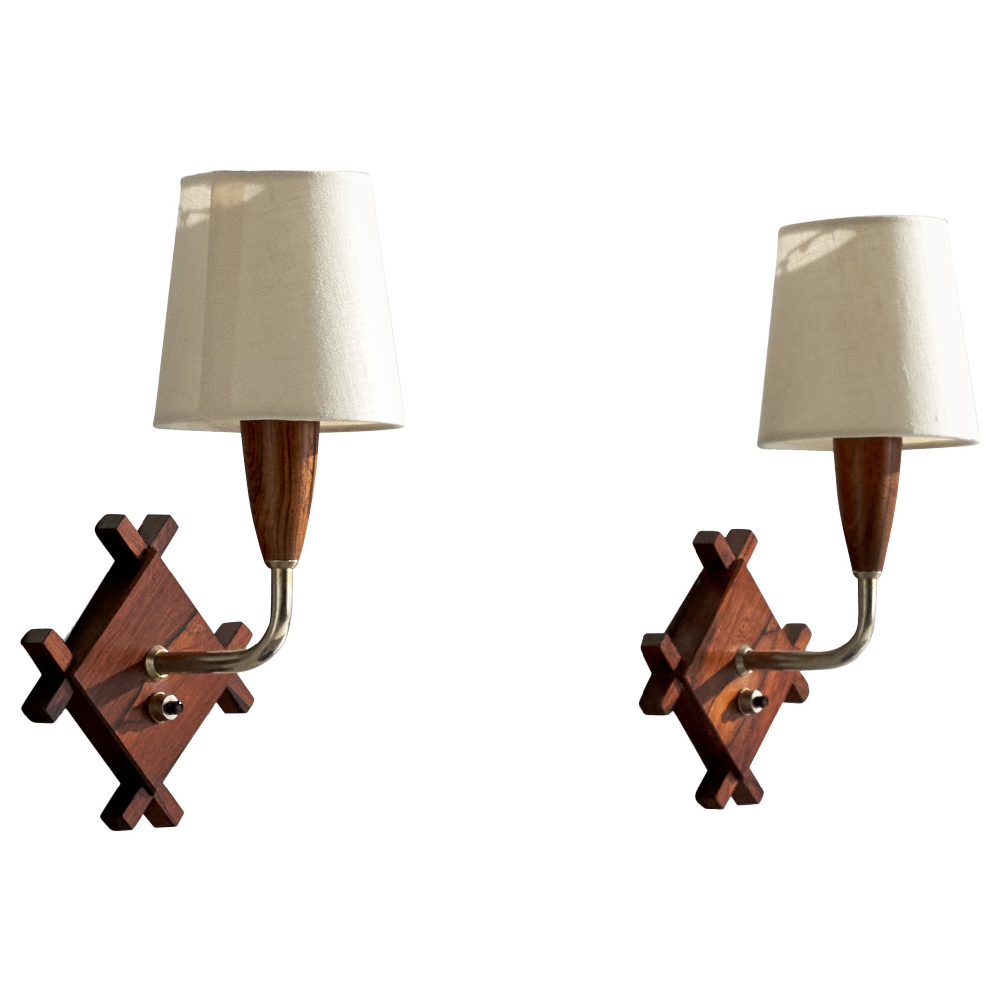 Danish Designer, Wall Lights, Rosewood, Chrome, Fabric, Denmark, 1950s