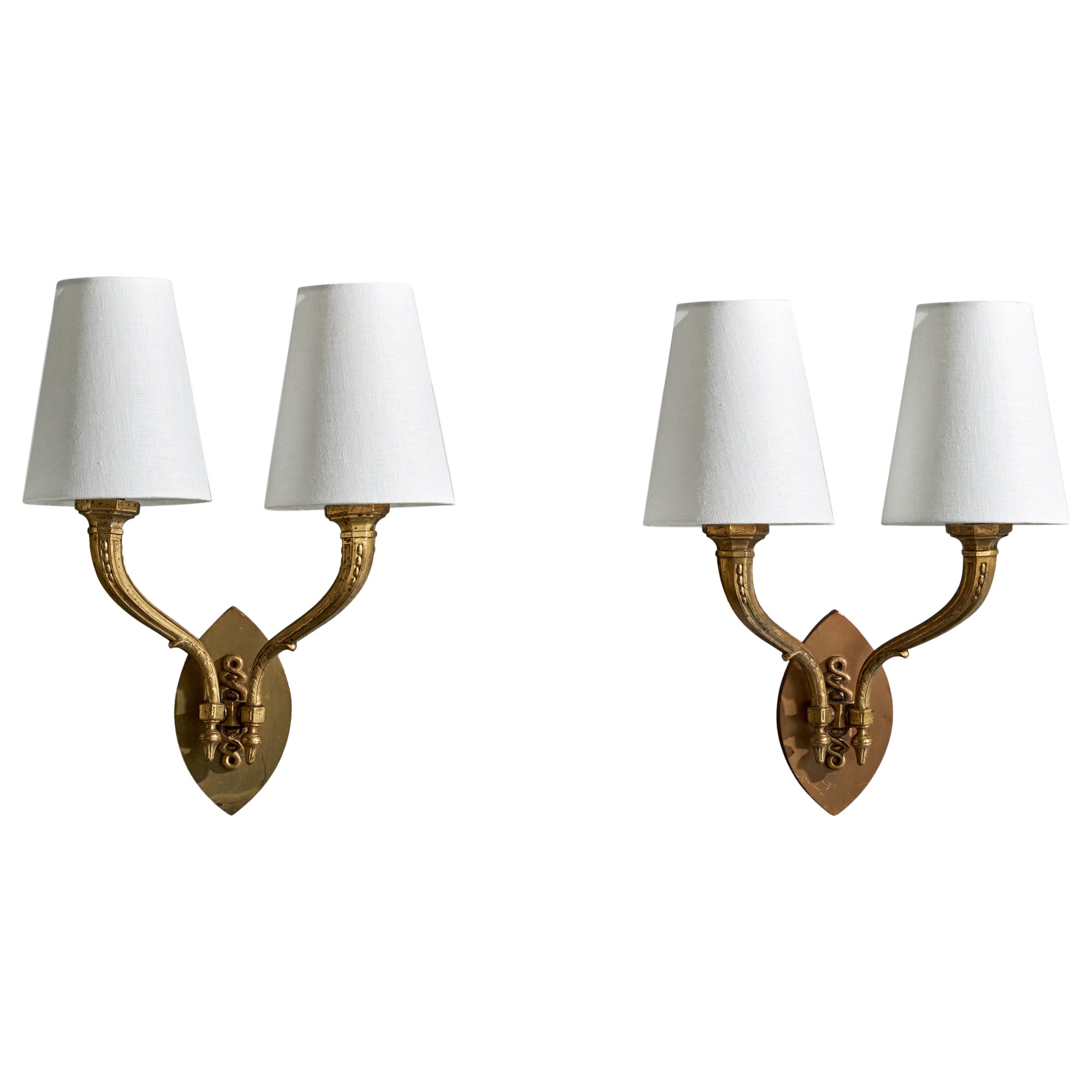 French Designer, Wall Lights, Brass, Fabric, France, 1950s