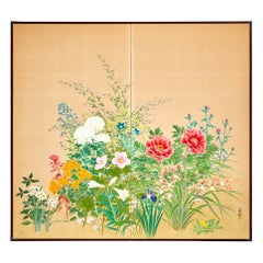 Japanese Two Panel Screen: Seasonal Flowers