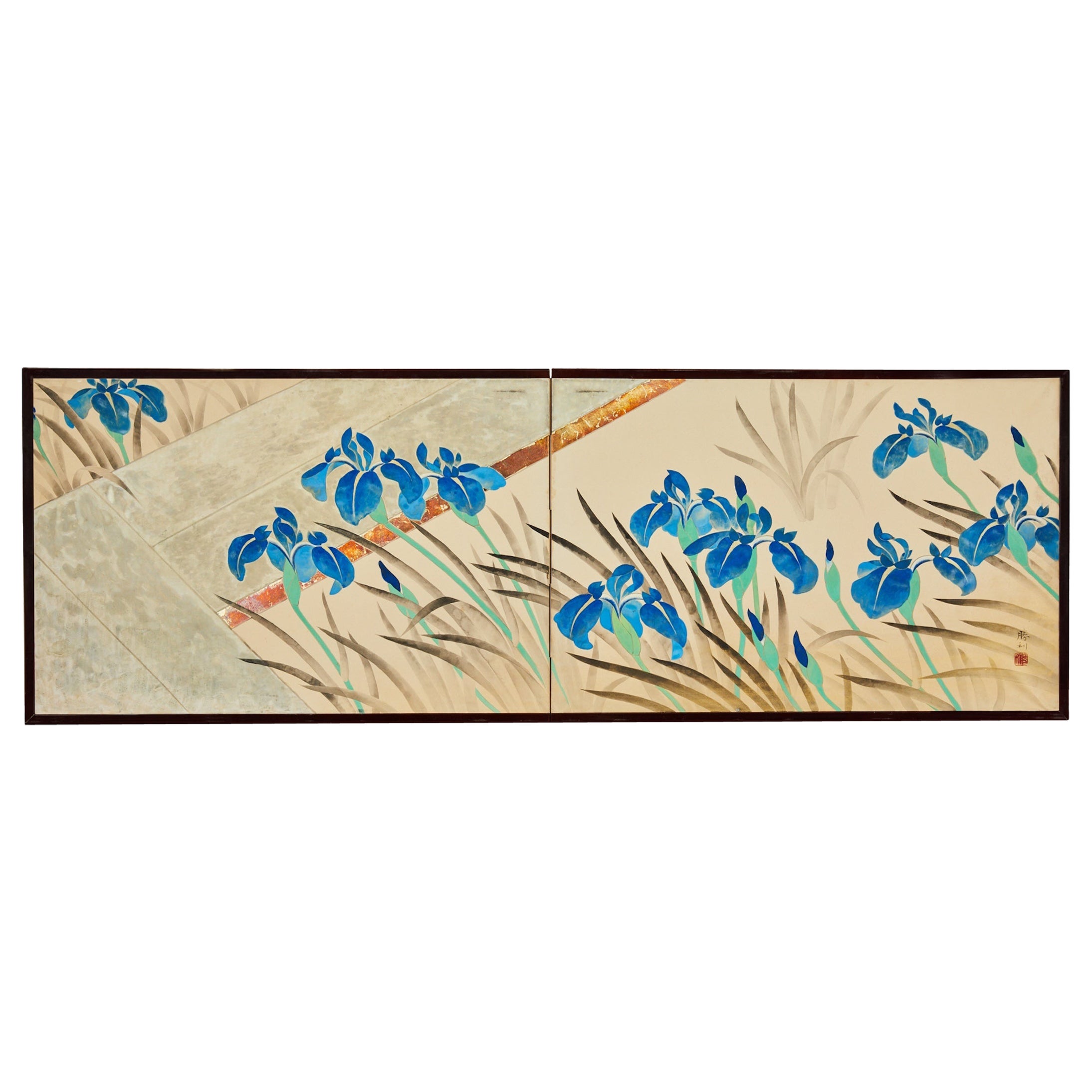 Japanese Two Panel Screen: Irises Along a Raised Garden Walkway