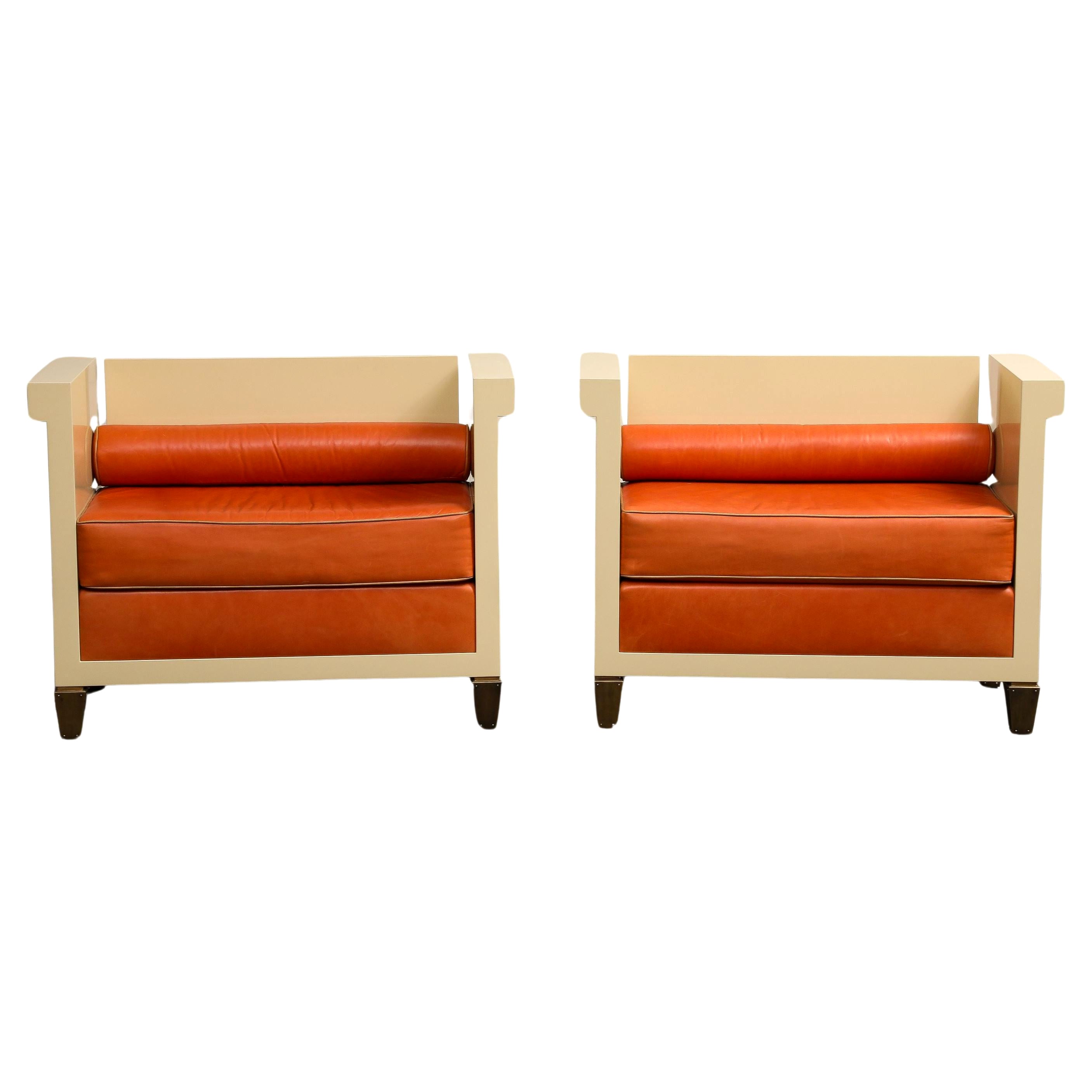 Pair of JMF Style Cream Lacquered Benches with Orange Leather Cushions