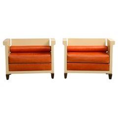 Pair of JMF Style Cream Lacquered Benches with Orange Leather Cushions