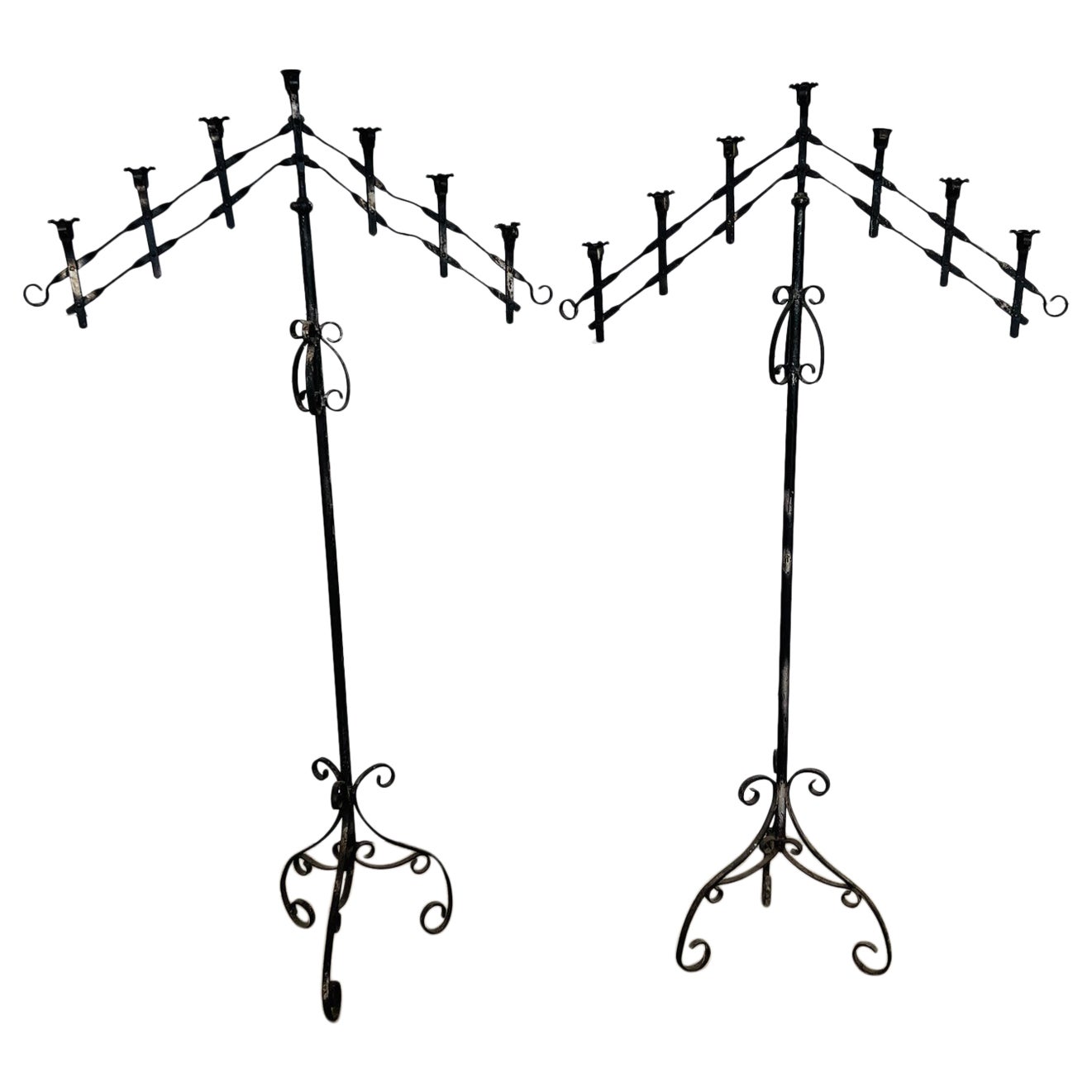 Pair, Antique Gothic Wrought Iron Adjustable Floor Standing Candelabra