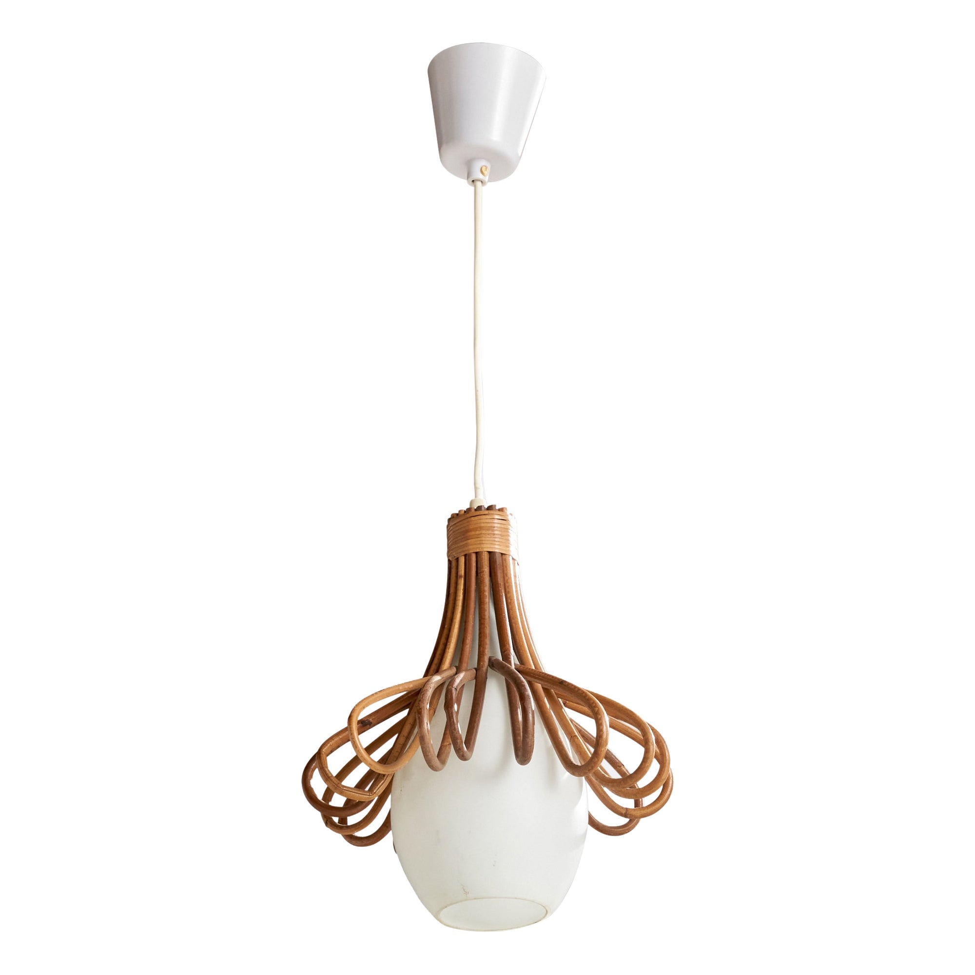 French Designer, Pendant Light, Rattan, Glass, France, 1960s For Sale