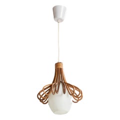Vintage French Designer, Pendant Light, Rattan, Glass, France, 1960s