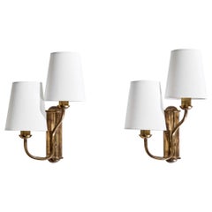 Italian Designer, Wall Lights, Brass, Fabric, Italy, 1950s