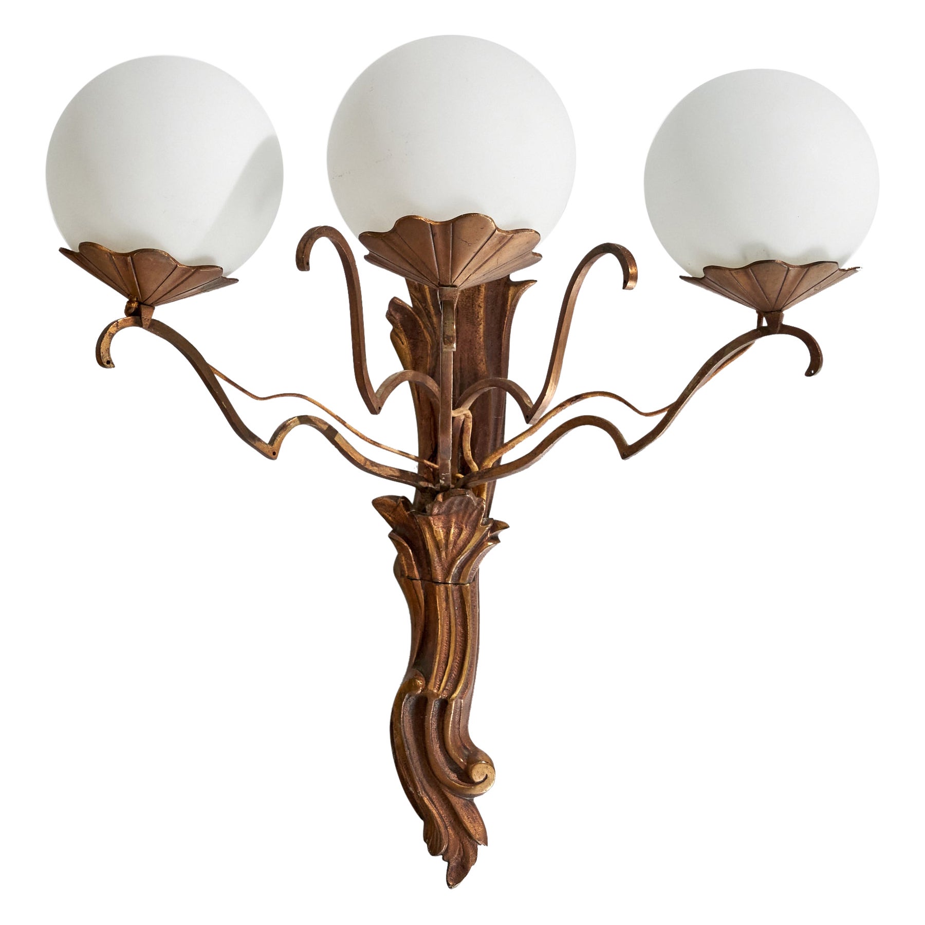 French Designer, Wall Light, Brass, Glass, France, 1930s