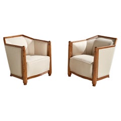 French Designer, Lounge Chairs, Oak, Fabric, France, 1930s