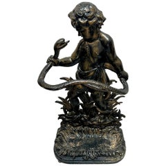 Paragüero de Bronce Escultura de Putti Niño con Serpiente Hecho en Italia