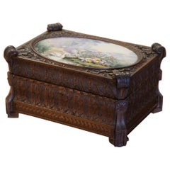 19th Century French Carved Walnut and Porcelain Jewelry Box Signed Fichet Paris