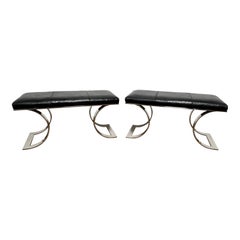 Pair of Karl Springer JMF "C" Benches in Original Ostrich Leather