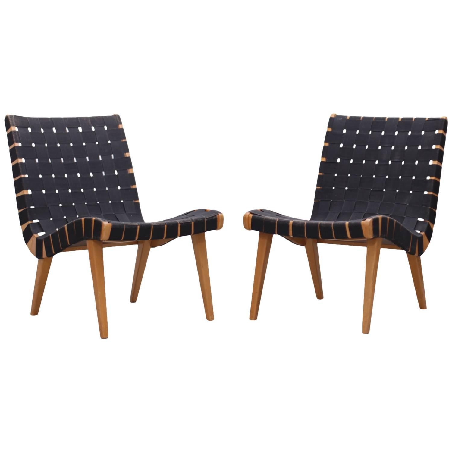 Pair of Matched Jens Risom Lounge Chairs in Black Webbing for Knoll