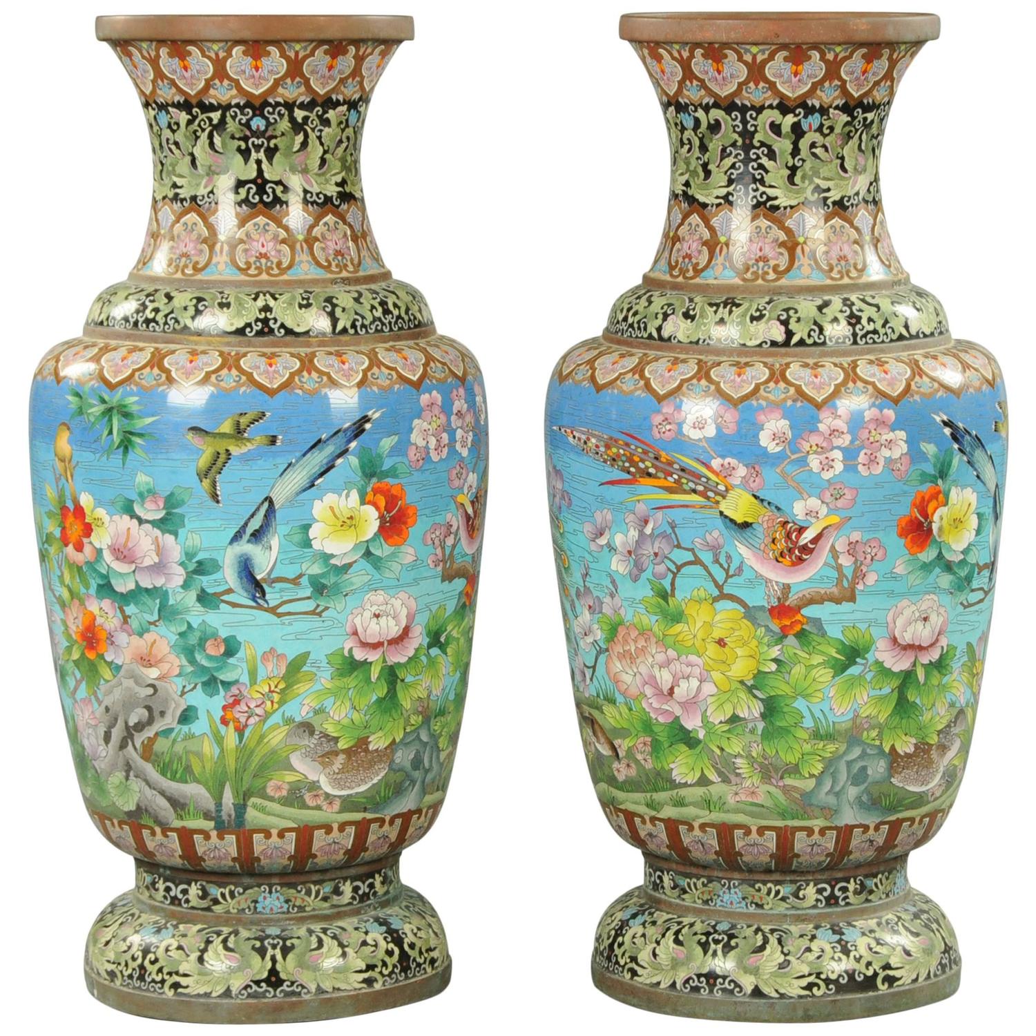 Pair of Large Cloisonné Enamel Vases For Sale at 1stdibs