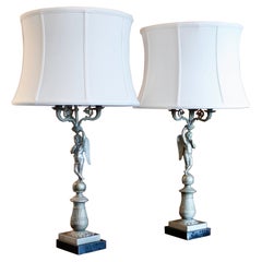 Pair Of Continental Pewter Winged Putto Figural Candelabra Lamps, 19th Century